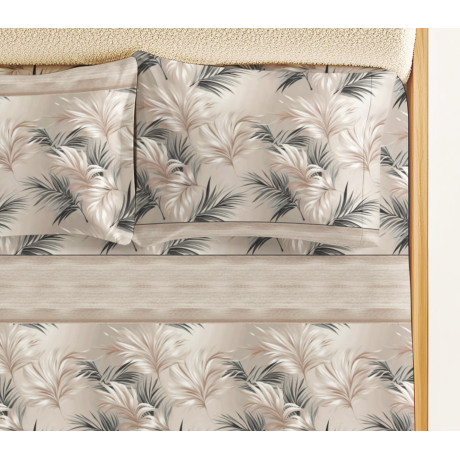 Sand Beige Leaf Laken Set - 100% Baumwolle - Eleganter Naturdruck - Made in Italy, atmungsaktiv