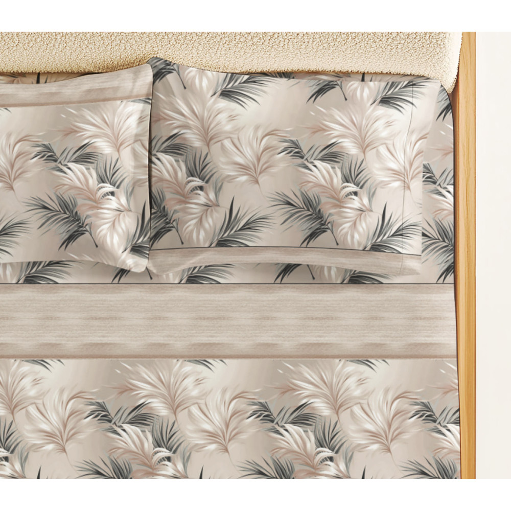 Ensemble de draps feuille beige sable - 100 % coton - Imprimé naturel élégant - Fabriqué en Italie, respirant