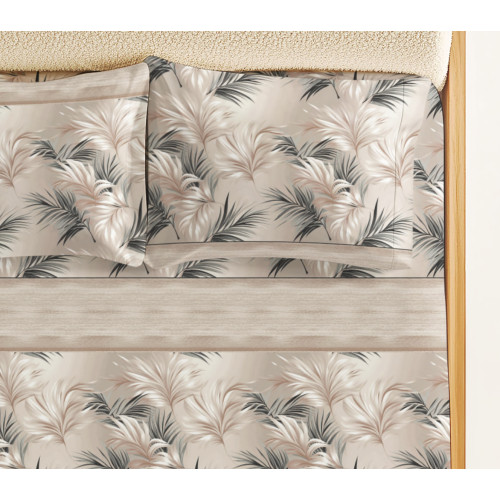 Sand Beige Leaf Sheets Set - 100% Cotton - Elegant Natural Print - Made in Italy, Breathable