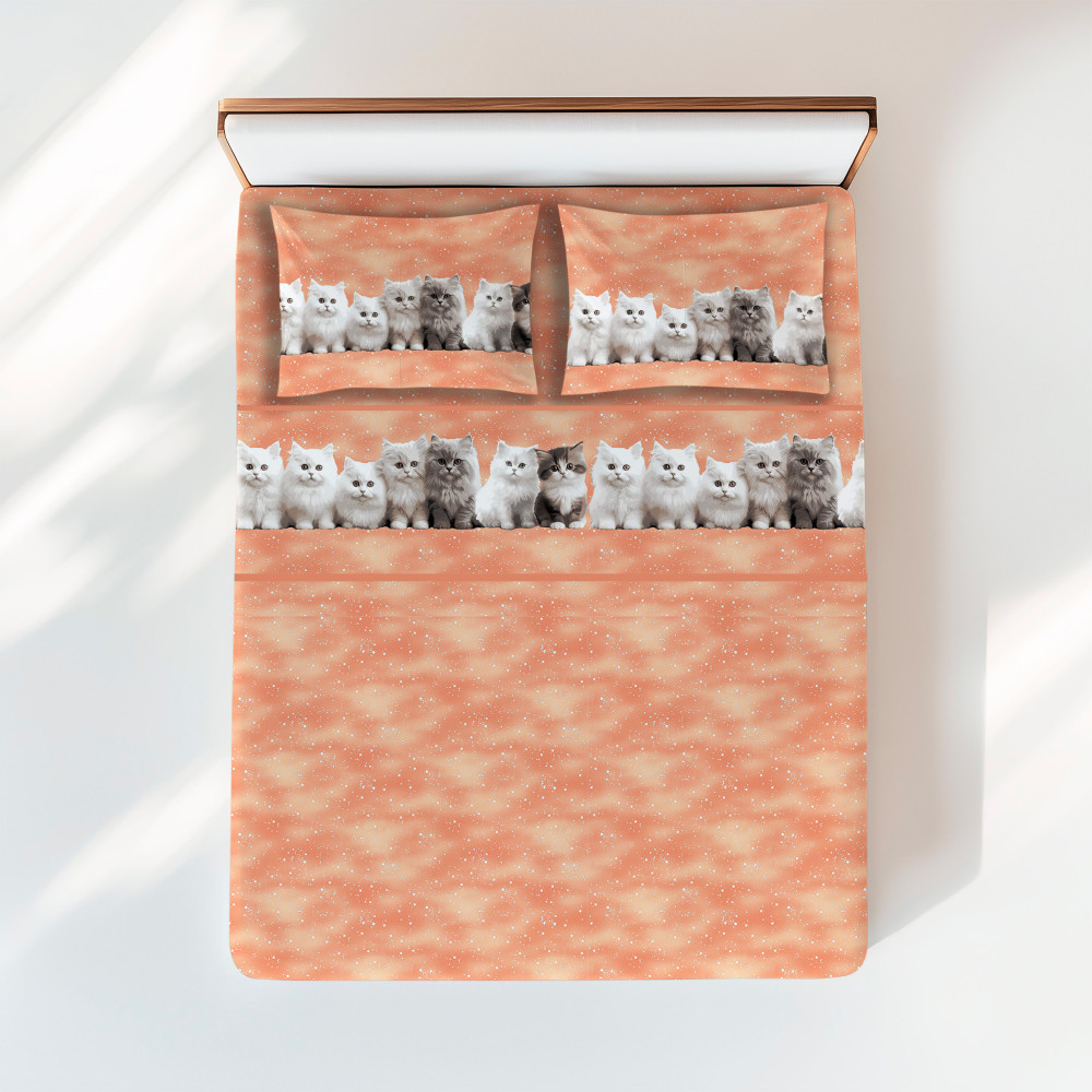 Kittens Salmon Sheet Set - Sweet and Realistic Print - 100% Cotton - Made in Italy, Washable