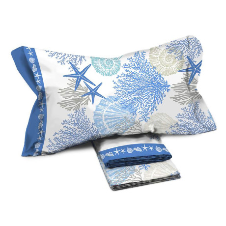 Completo lenzuola matrimoniale MAXI fantasia coralli blu - 100% cotone