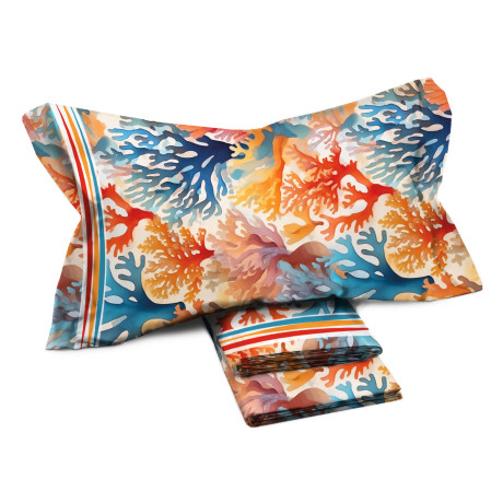Juego de sábanas dobles MAXI - Estampado de coral multicolor - 100% algodón - Diseño vivo y moderno