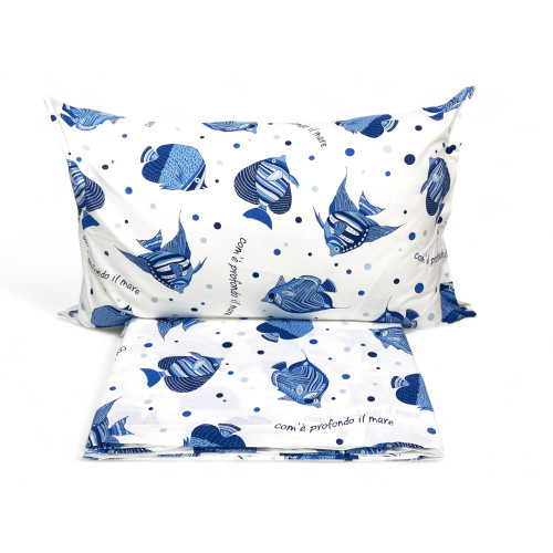 Juego de cama de algodón "Qué profundo es el mar" - Sábanas de verano con peces azules - Diseño náutico Made in Italy