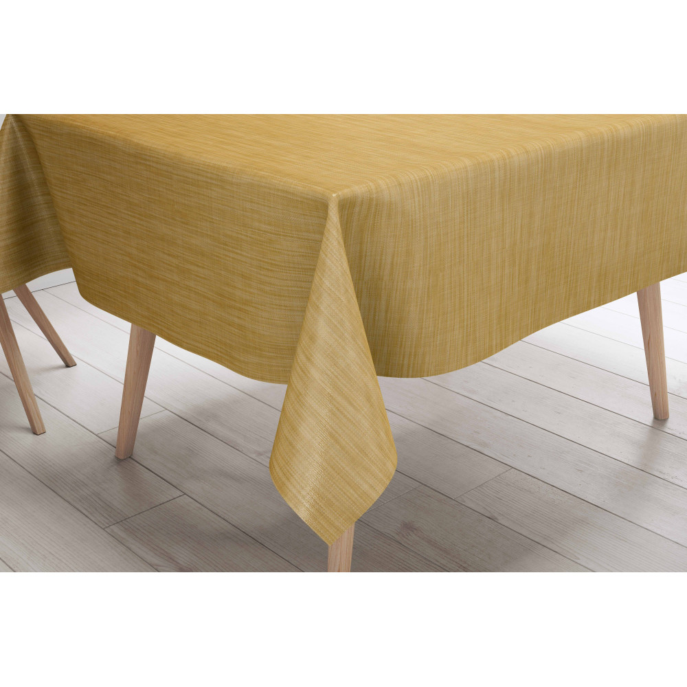 Tovaglia LIMA Gialla – Ambientata in cucina moderna – PVC effetto lino Tovaglia LIMA Gialla – Ambientata in cucina moderna – PVC effetto lino