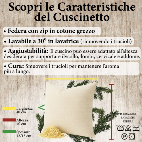 Coussin en pin suisse Dolomiti - Parfum naturel relaxant - Coton brut - Pour canapé, lit, voyage - Fabriqué en Italie