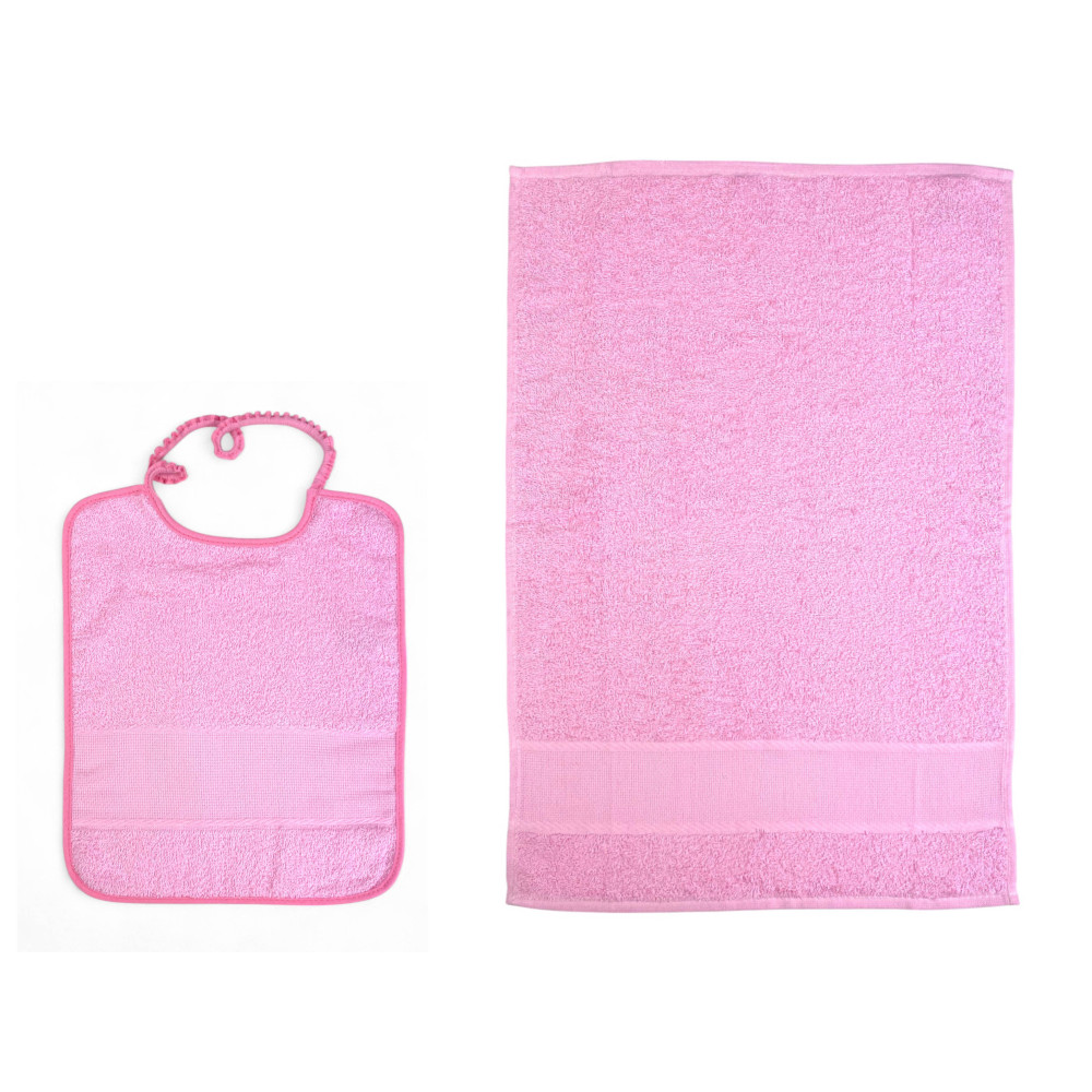 Set asilo 2 pezzi rosa con bavaglino e asciugamano in spugna di cotone Set asilo 2 pezzi rosa con bavaglino e asciugamano in spugna di cotone