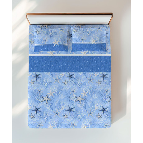 Completo lenzuola blu con stelle marine e coralli – vista letto matrimoniale
