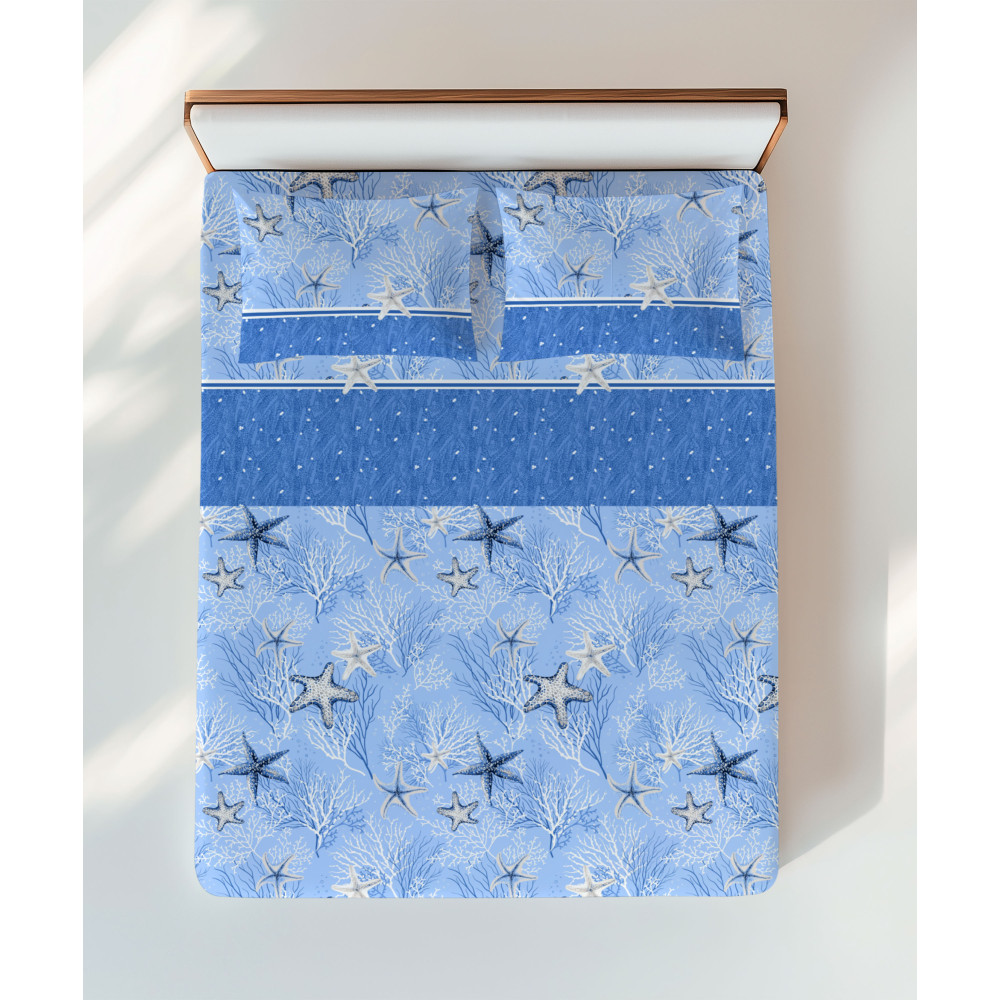 Ensemble de draps étoile de mer bleu – Motif corail et étoile – 100 % coton – Fabriqué en Italie, lavable