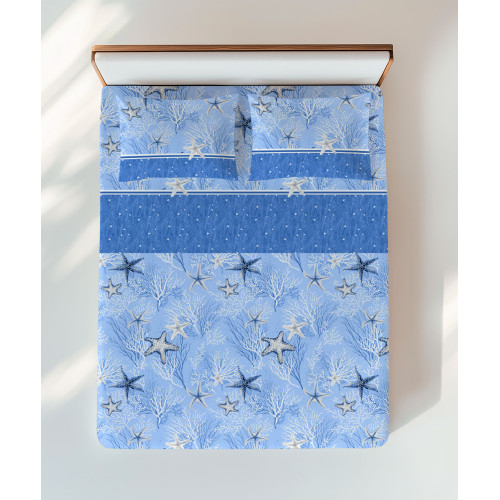 Completo Lenzuola Stelle Marine Blu – Motivo Coralli e Stelle – 100% Cotone – Made in Italy, Lavabile