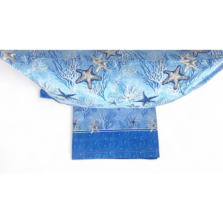 Completo lenzuola blu con stelle marine e coralli – vista letto matrimoniale