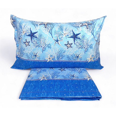 Completo lenzuola blu con stelle marine e coralli – vista letto matrimoniale