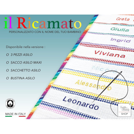 Set asilo 4 pezzi con nome ricamato – bustina, sacco, bavaglino e asciugamano