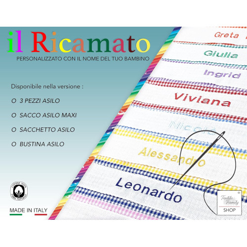 Set Asilo 4 Pezzi Personalizzato – Cotone Made in Italy – Sacco, Bavaglino, Asciugamano e Bustina con Ricamo Nome