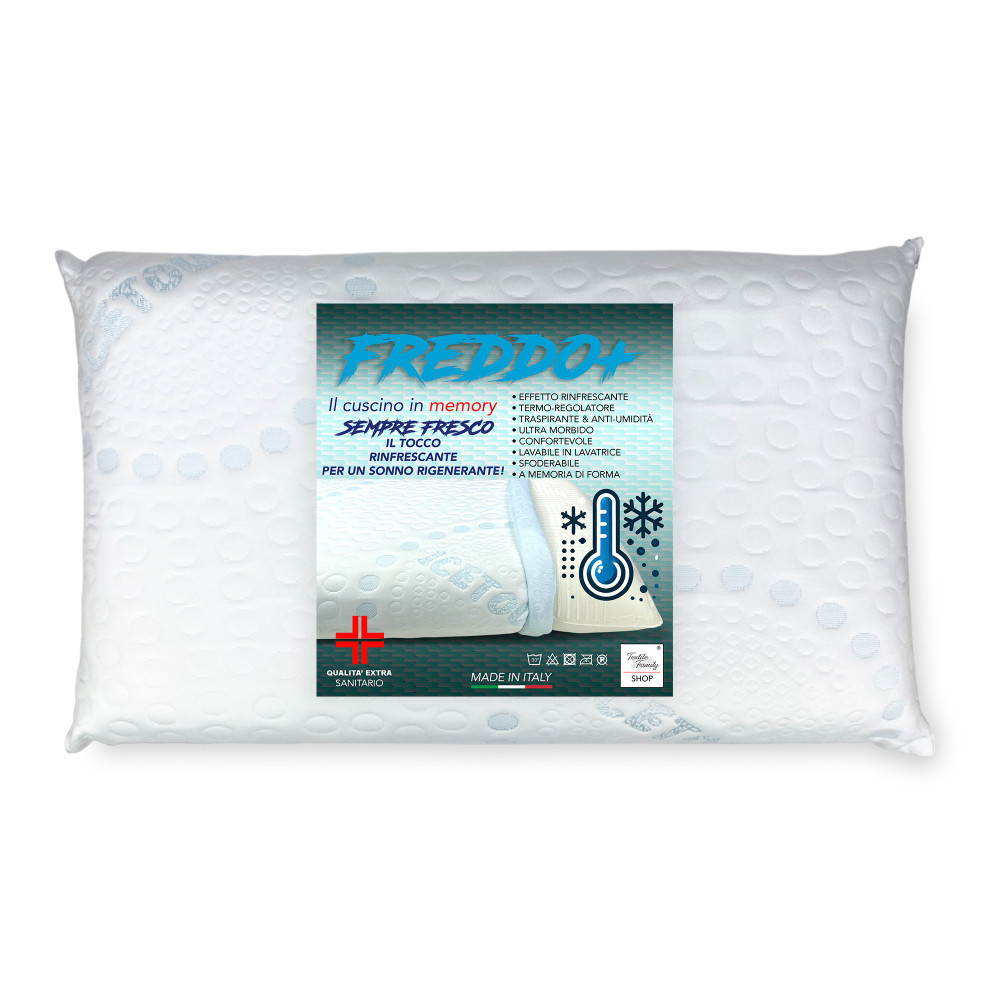 FREDDO+ Memory Foam Ice-Touch Kissen Vorderansicht mit Kühlbezug FREDDO+ Memory Foam Ice-Touch Kissen Vorderansicht mit Kühlbezug