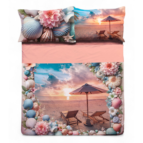 Double bed set ESTATE - 100% cotton bedspread with digital print - Double-sided pillowcases, flap flounce