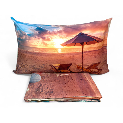 Double bed set ESTATE - 100% cotton bedspread with digital print - Double-sided pillowcases, flap flounce