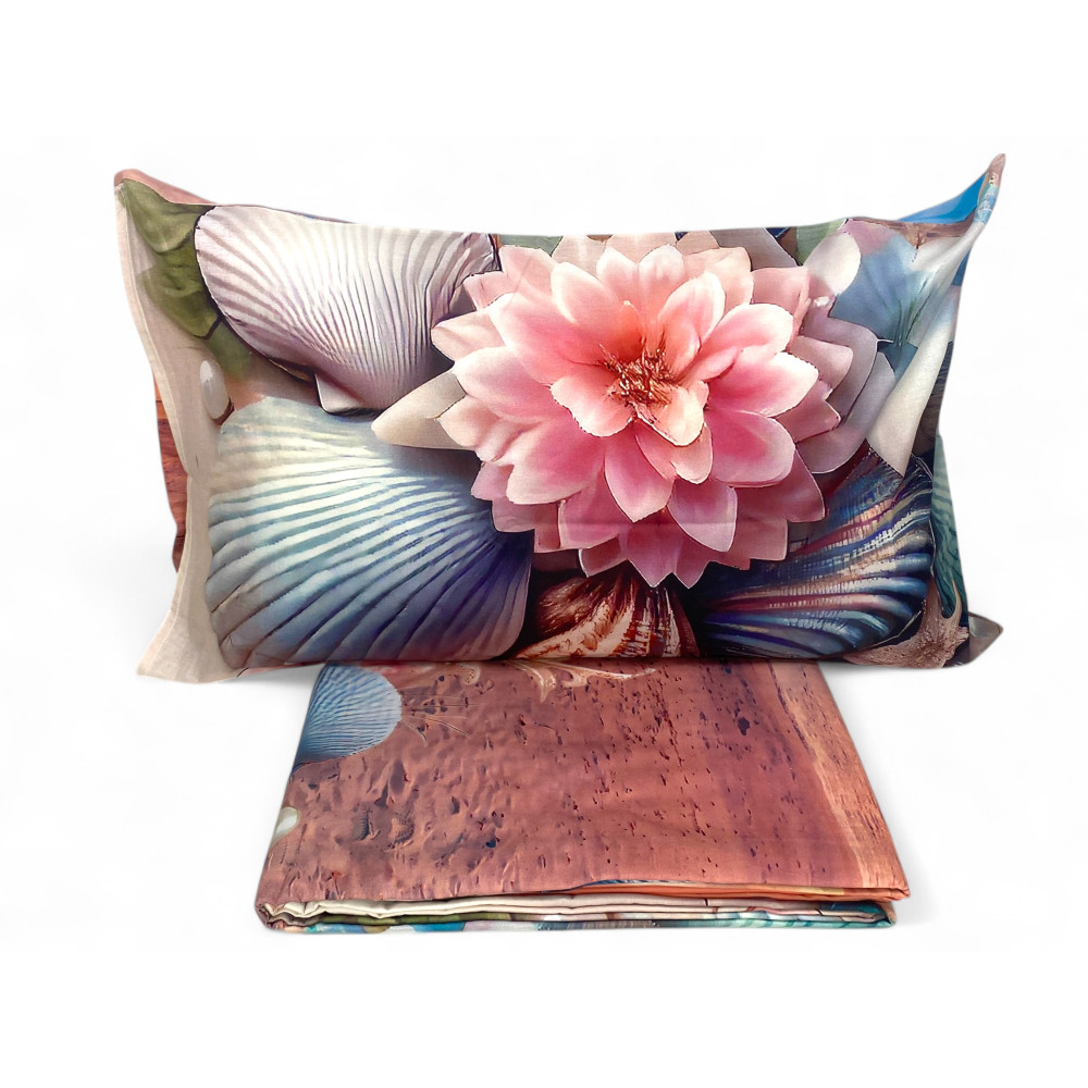 Parure de lit double ESTATE - Couvre-lit 100 % coton avec impression numérique - Taies d’oreiller double face, volant à rabat