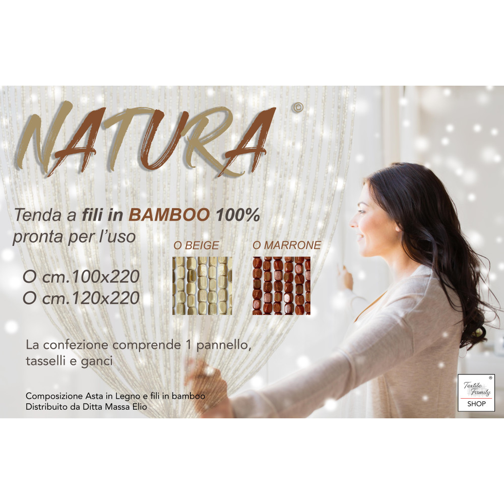 Tenda Perline Legno Marrone Handmade Natura - Fili Bamboo 100% Naturale - Asta Nera - Uso Interno - Decorazione Porta