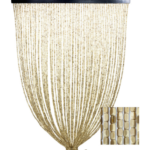 Cortina de cuentas de madera beige natural hecha a mano - Hilos de bambú 100% naturales - Varilla negra - Uso en interiores - De