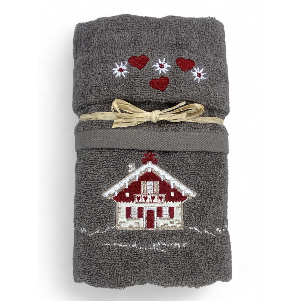 Graues Tiroler Tiroler Handtuchset mit Stickerei Alpenhaus aus 100% Baumwollfrottee Graues Tiroler Tiroler Handtuchset mit Stickerei Alpenhaus aus 100% Baumwollfrottee