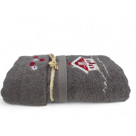 Grey Tyrolean Tyrolean towel set with embroidery alpine house made of 100% cotton terry cloth