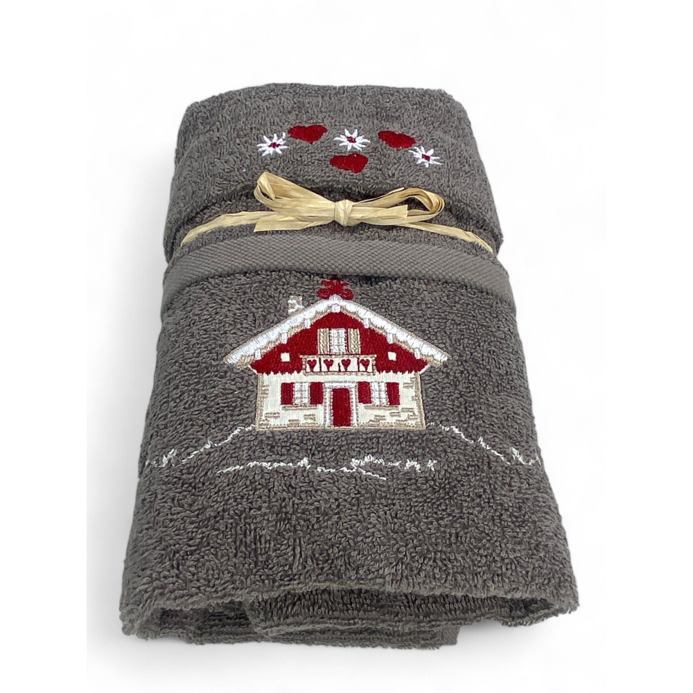 Juego de toallas tirolés Grey House - Tirol - Rizo 100% algodón - Bordado de chalet de montaña Made in Italy