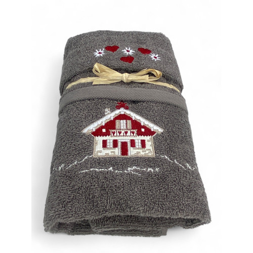 Serviette tyrolienne Grey House - Tyrol - 100 % coton éponge - Chalet de montagne Broderie Made in Italy