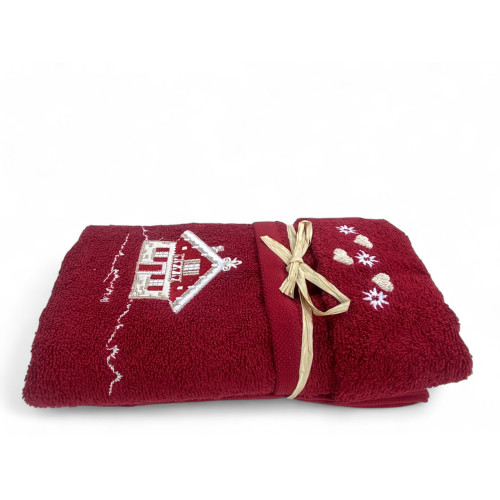 Tyrolean Towel Set Burgundy House - Tyrol - 100% Cotton Terry - Mountain Chalet Embroidery Made in Italy