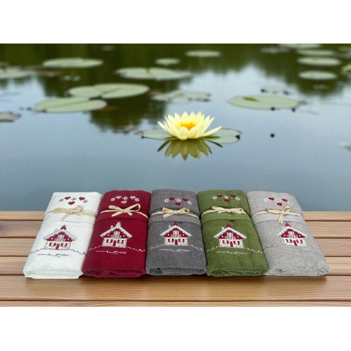 Tyrolean Towel Set Cream House - Tyrol - 100% Cotton Terry - Mountain Chalet Embroidery Made in Italy