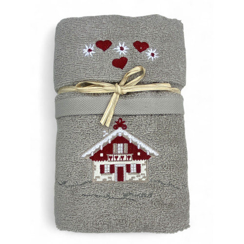 Serviette tyrolienne maison taupe - Tirolo - 100 % coton éponge - Chalet de montagne broderie Made in Italy