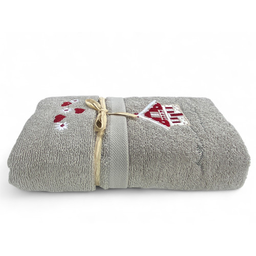 Serviette tyrolienne maison taupe - Tirolo - 100 % coton éponge - Chalet de montagne broderie Made in Italy