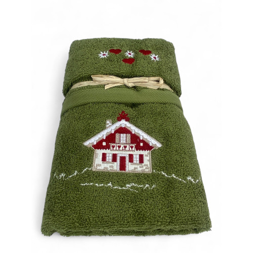 Set Asciugamani Tirolese Casetta Verde - Tirolo - Spugna 100% Cotone - Ricamo Chalet Montagna Made in Italy