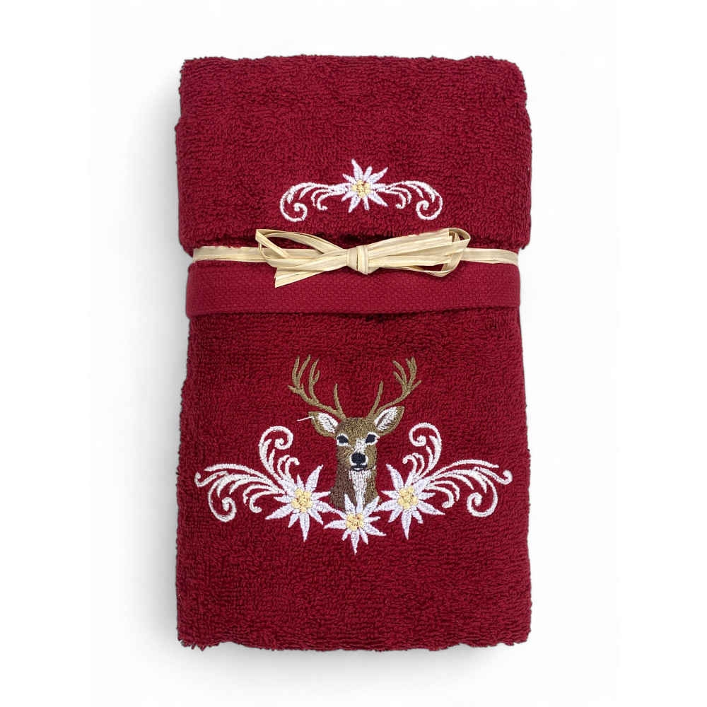 Set asciugamani bordeaux Tirolese con ricamo cervo e stelle alpine su spugna 100% cotone