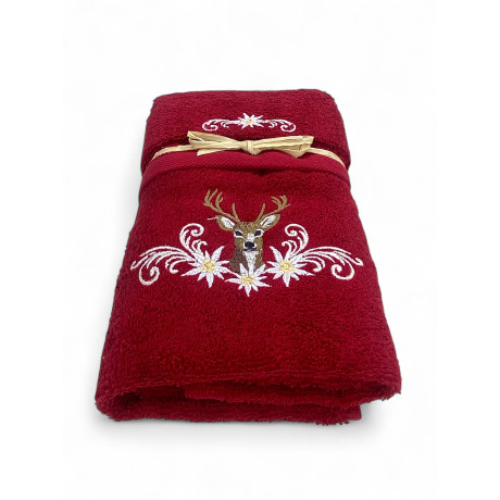 Tyrolean Deer and Edelweiss Towel Set Bordeaux - Tyrol - 100% Cotton Terry Towel - Embroidery Made in Italy