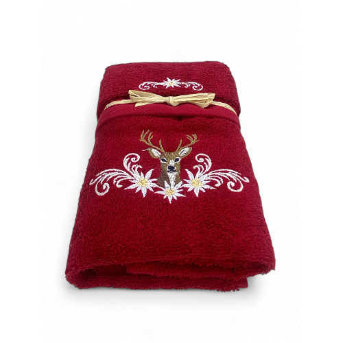 Tyrolean Deer and Edelweiss Towel Set Bordeaux - Tyrol - 100% Cotton Terry Towel - Embroidery Made in Italy