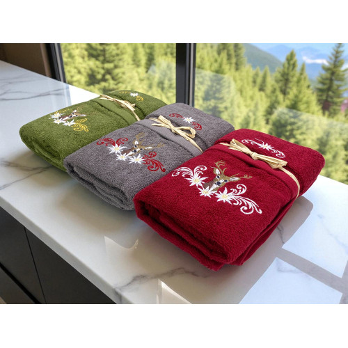 Ensemble de serviettes cerf et edelweiss du Tyrol Bordeaux - Tyrol - Serviette éponge 100 % coton - broderie Made in Italy
