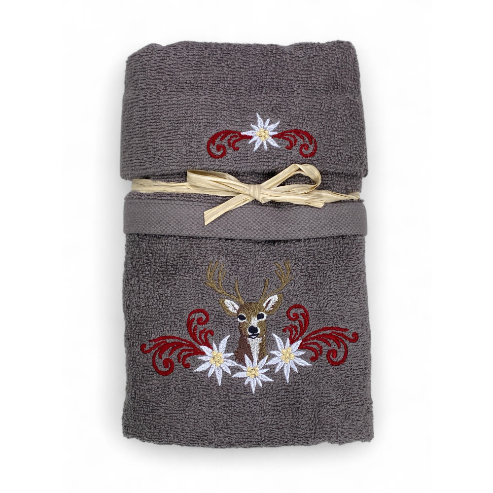Set asciugamani grigio Tirolese con ricamo cervo e stelle alpine su spugna 100% cotone Set asciugamani grigio Tirolese con ricamo cervo e stelle alpine su spugna 100% cotone