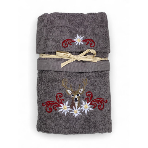 Set asciugamani grigio Tirolese con ricamo cervo e stelle alpine su spugna 100% cotone