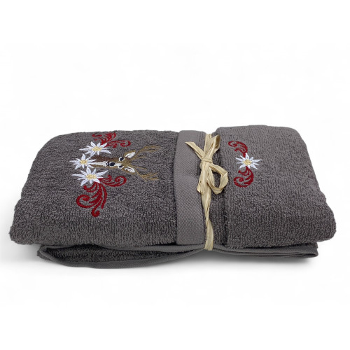 Set Asciugamani Tirolese Cervo e Stelle Alpine Grigio - Tirolo - Spugna 100% Cotone - Ricamo Made in Italy