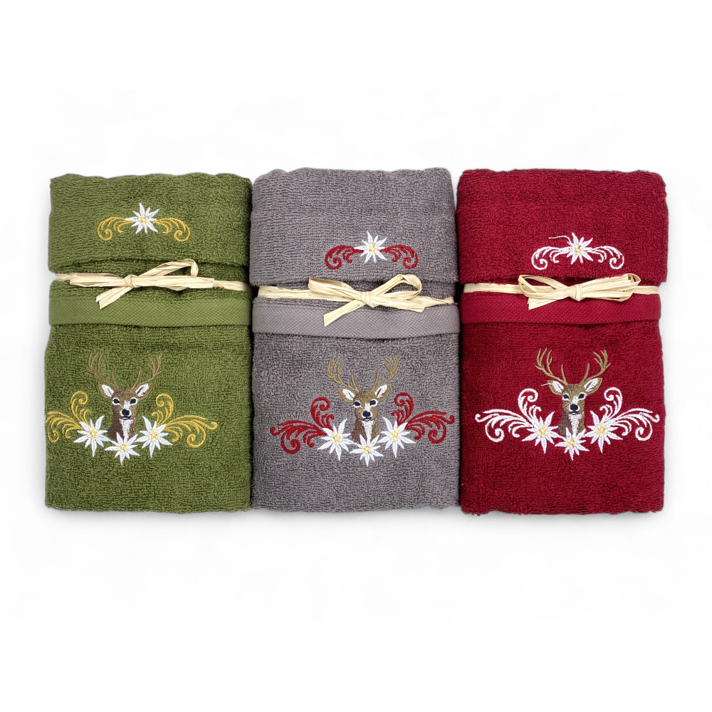 Set Asciugamani Tirolese Cervo e Stelle Alpine Grigio - Tirolo - Spugna 100% Cotone - Ricamo Made in Italy