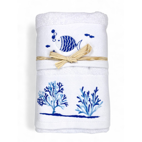 Serviette de plage blanche Set Coral Fish - Éponge 100 % coton - Broderie nautique bleue - Fabriqué en Italie