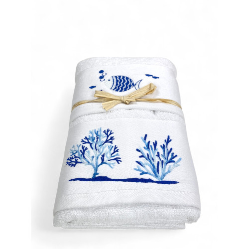 Juego de toallas de playa blanco Coral Fish - Esponja 100% algodón - Bordado náutico azul - Made in Italy