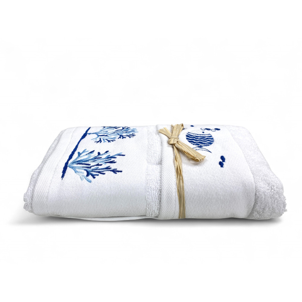 Set Asciugamani Mare Bianco Pesci Coralli - Spugna 100% Cotone - Ricamo Nautico Blu - Made in Italy