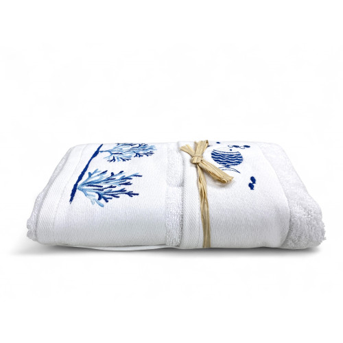 Set Asciugamani Mare Bianco Pesci Coralli - Spugna 100% Cotone - Ricamo Nautico Blu - Made in Italy