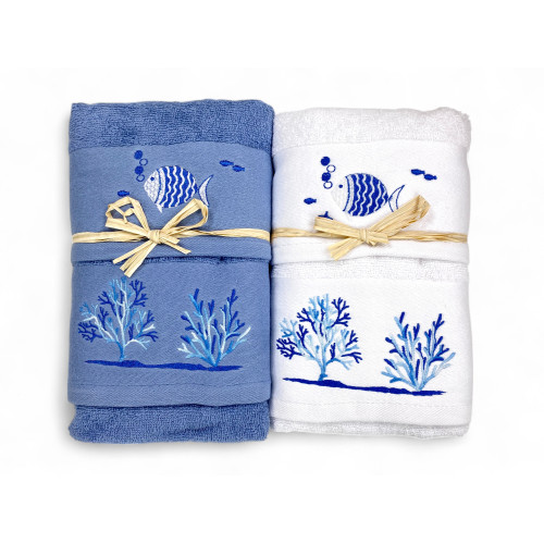 Weißes Strandtuch-Set Korallenfisch - 100% Baumwollschwamm - Blaue nautische Stickerei - Made in Italy