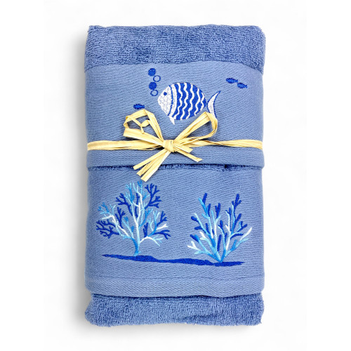Set of Blue Sea Towels Coral Fish - 100% Cotton Sponge - White Nautical Embroidery - Made in Italy