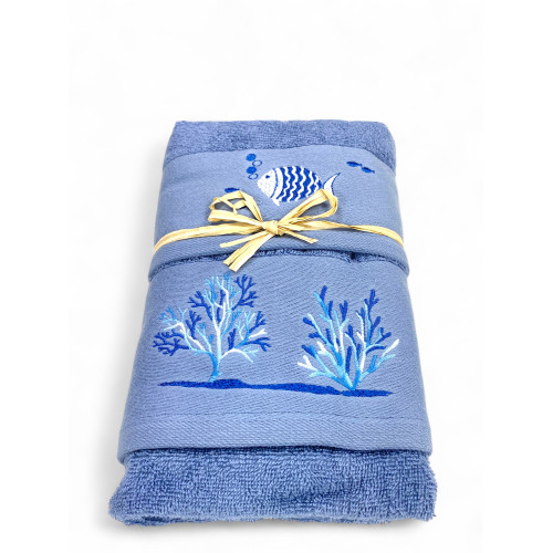 Blue beach towel - white fish and coral embroidery - Made in Italy