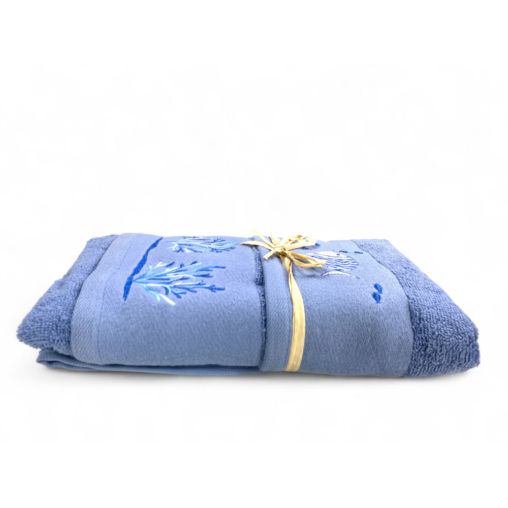 Set von blauen Meerestüchern Korallenfisch - 100% Baumwollschwamm - weiße nautische Stickerei - Made in Italy