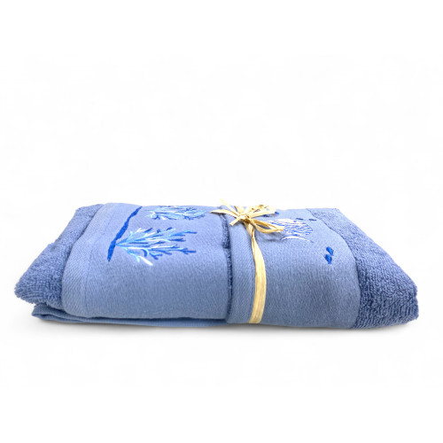 Set von blauen Meerestüchern Korallenfisch - 100% Baumwollschwamm - weiße nautische Stickerei - Made in Italy