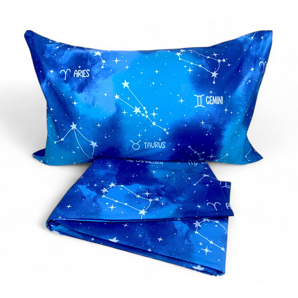 Ensemble de draps bleus avec des signes mystiques du zodiaque sur le lit – Coton italien Ensemble de draps bleus avec des signes mystiques du zodiaque sur le lit – Coton italien